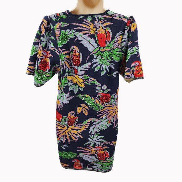 Zara Women’s Small Parrot Sequin Sweater Dress Tropical Multicolor Print - Picture 7 of 8
